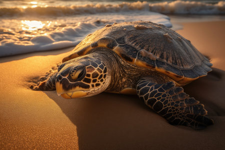 Serene turtle on the golden beach under the sun., generative AIの素材