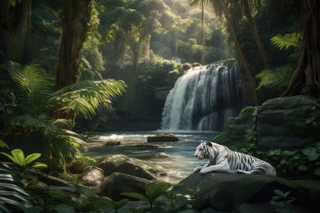 White tiger in the lush jungle, surrounded by colorful birds and a towering waterfall., generative AIの素材