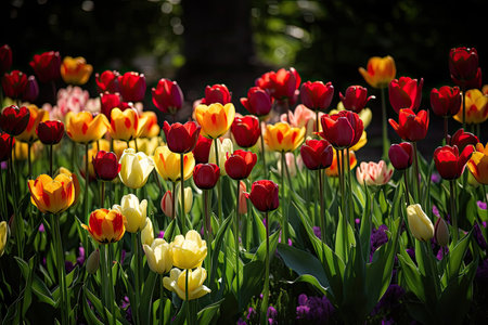 Colorful tulips dance in springtime harmony., generative AIの素材