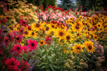 Lush garden: colorful and vibrant flowers, life and movement between petals., generative AIの素材