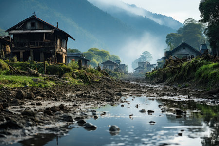 Devastating flood in mountainous areas after rain., generative AIの素材