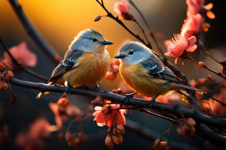 Colorful birds among green leaves, melody in nature., generative AIの素材