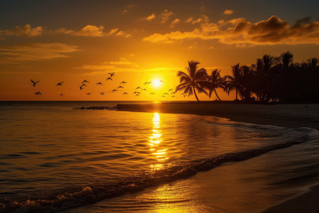 Setting sun over calm sea, quiet beach. Golden colors reflect in the water., generative AIの素材