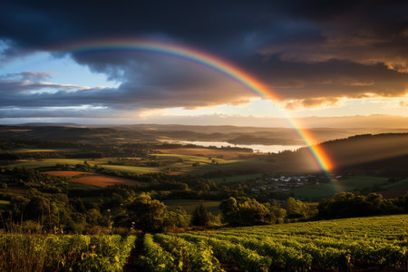 Rainbow after spring rain on green landscape., generative AIの素材