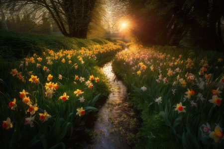 Spring scenery: Flowers, stream and trees in soft light., generative AIの素材