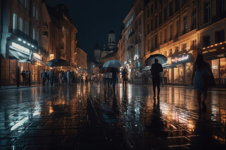 Night city in heavy rain, reflections in puddles, generative AIの素材