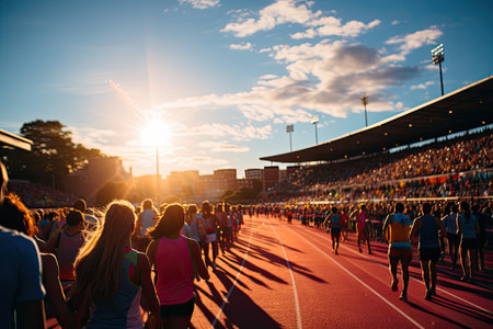 Athletes focused on vibrant track before the competition, surrounded by an expectant crowd., generative AIの素材