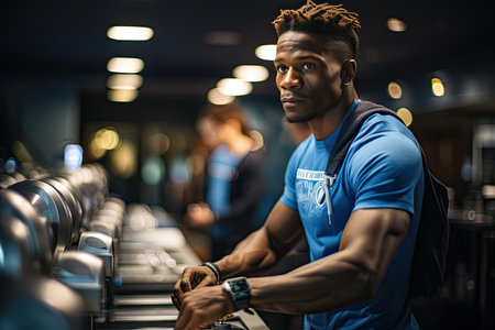 Focused athlete challenges boundaries in vibrant gym., generative AIの素材