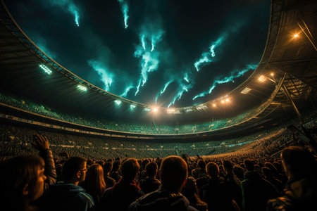 Full night stadium, bright field, vibrant crowd and focused players., generative AIの素材
