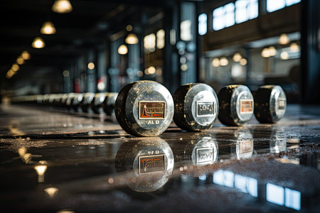 Bright dumbbells in gym tell stories of effort., generative AIの素材