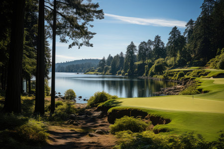 Golf player in elegant sunny field with lake., generative AIの素材