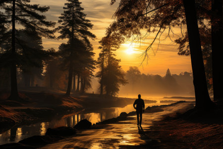 Golf player faces challenge in a hazy landscape., generative AIの素材