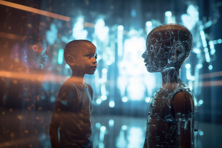 Android and child interact in futuristic holographic library., generative AIの素材