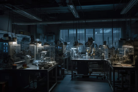 Futuristic robotics lab; robots, drones and technology surrounded by shining city., generative AIの素材