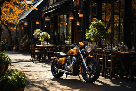 Color bikes aligned under the sun in front of the coffee shop., generative AIの素材
