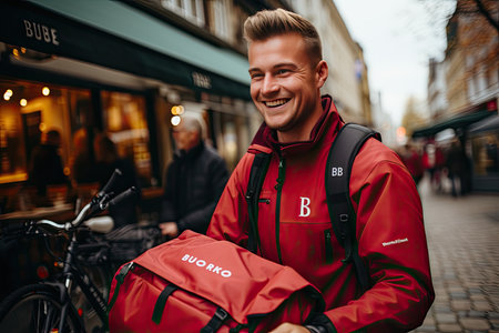 APP Delivery Delivery Hot Meal to Smiling Customer., generative AIの素材