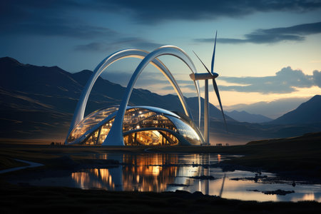 Assembly of wind turbines in park, uniting technology and nature., generative AIの素材