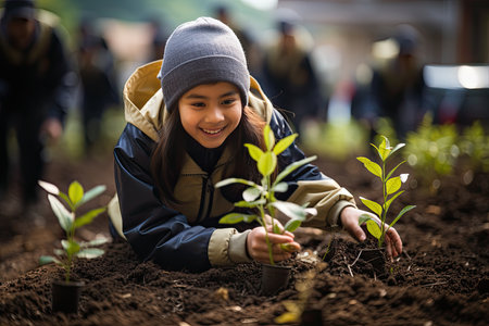 Young Muslims plant community trees, vibrating colors and connection., generative AIの素材