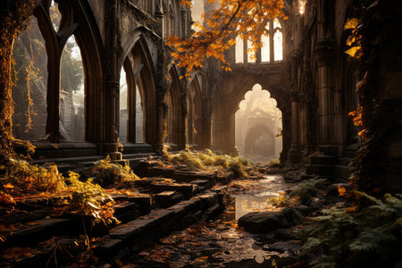 Gothic cathedral emerges in the forest, faithful in worship under gold stained glass., generative AIの素材