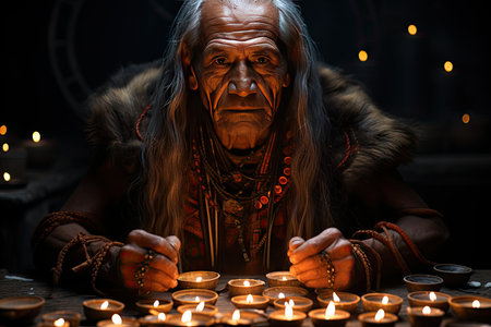 Shaman performs energy diagnosis in an individual among ritual symbols., generative AIの素材
