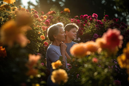 Warm embrace between mother and child amid spring flowers., generative AIの素材