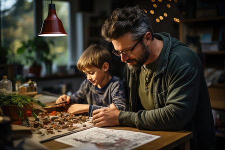 Father and son immersed in collaborative study., generative AIの素材