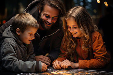 Family planning travel with enthusiasm on map., generative AIの素材