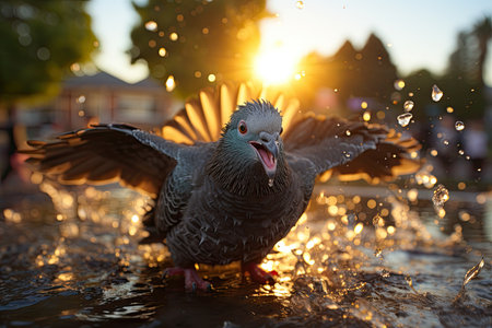 Quiet pigeon in an excited park at dusk., generative AIの素材
