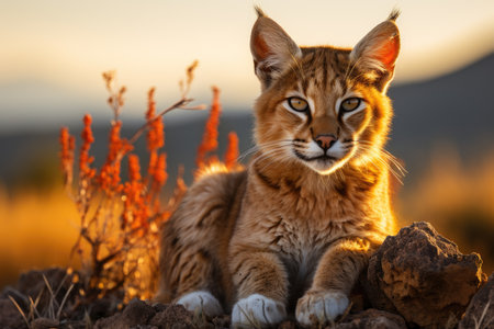 Puma Majestic rests at dusk on the plains of the savannah., generative AIの素材