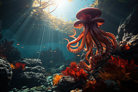 Lonely octopus dancing between rays of sunshine in submerged city., generative AIの素材