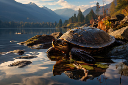 Serene turtle by the lake at dusk., generative AIの素材