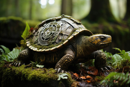 Ancestral turtle surrounded by relics in the lush jungle., generative AIの素材