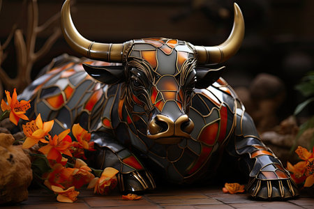 Powerful bull between golden voulas under the sunset., generative AIの素材