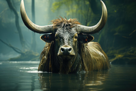 Serene black bull by the stream in the morning mist., generative AIの素材
