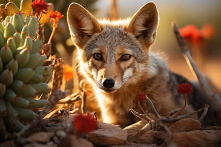 Coyote lurking in the desert under the moon., generative AIの素材