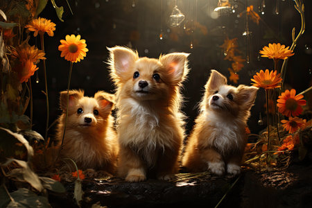 Playful puppies in Grove enchanted at dusk., generative AIの素材