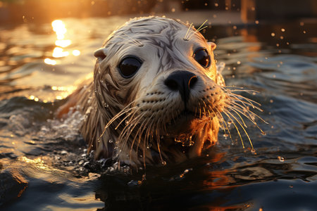 Lonely dolphin explores colorful coral Recife at dusk., generative AIの素材