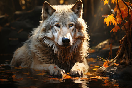 Silver wolf notes in the forest at dusk., generative AIの素材