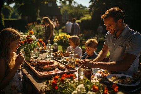 Family enjoys barbecue and soda on a hot summer day., generative AIの素材