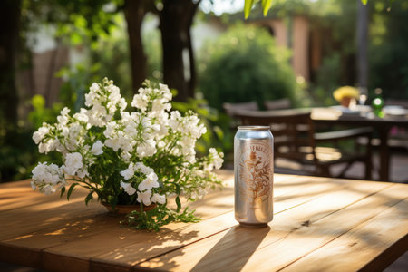 Alcohol -free beer can in the afternoon sun at a quiet table., generative AIの素材