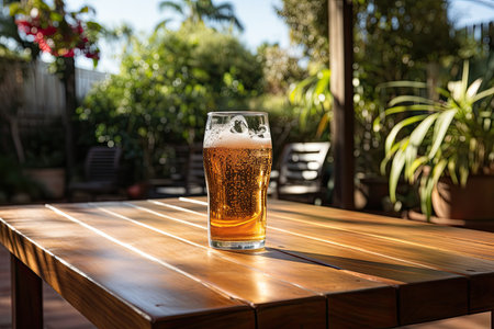 Alcohol -free beer can in the afternoon sun at a quiet table., generative AIの素材