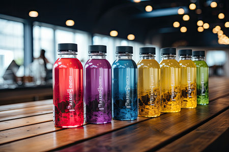 Colorful water bottles at the gym., generative AIの素材