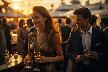 Luxurious yacht party, cocktail, sea and sunset dazzling., generative AIの素材