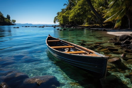 Untouched paradise bright blue lagoon, palm trees, white sand, boats., generative AIの素材