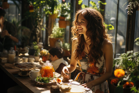 Friends enjoy cute tea and waffles on a welcoming afternoon., generative AIの素材