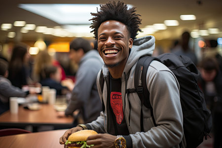 Anxious student catches hamburger before long session at the library., generative AIの素材