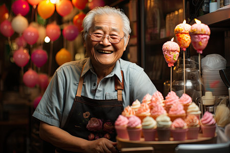 Elderly revives youth in the childhood ice cream shop., generative AIの素材