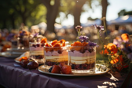 Colorful variety of pudding at gastronomic festival under sunlight., generative AIの素材