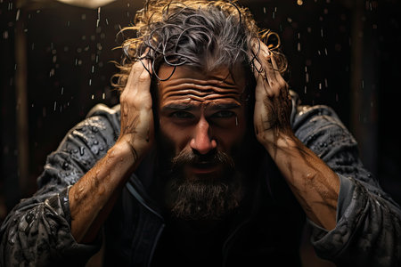 Visible agony: person in stress holds the head., generative AIの素材