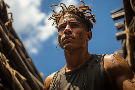 Tense athlete seeks guidance between pressures and clarity., generative AIの素材